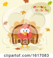 Poster, Art Print Of Cute Little Turkey Bird Saying Gobble Gobble With Falling Leaves
