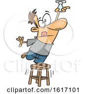 Cartoon White Man Balancing On A Stool To Change A Light Bulb