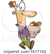 Cartoon White Man Walking And Carrying A Bag Of Groceries
