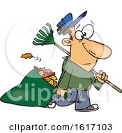 Cartoon White Man Carrying A Rake And Pulling Al Leaf Bag