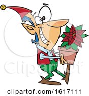 Cartoon Christmas Elf Holding A Poinsettia Plant
