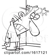 Clipart Of A Cartoon Black And White Frustrated Man Banging His Head Against A Wall Royalty Free Vector Illustration