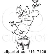 Clipart Of A Cartoon Black And White Man Balancing On A Stool To Change A Light Bulb Royalty Free Vector Illustration by toonaday