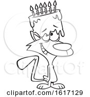 Clipart Of A Cartoon Black And White Happy Cat With A Birthday Cake On His Head Royalty Free Vector Illustration