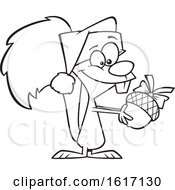 Clipart Of A Cartoon Black And White Christmas Squirrel Holding An Acorn Royalty Free Vector Illustration