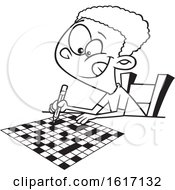 Clipart Of A Cartoon Black And White Black Boy Doing A Crossword Puzzle Royalty Free Vector Illustration