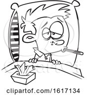 Clipart Of A Cartoon Black And White Boy Sick With The Flu Royalty Free Vector Illustration