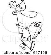 Clipart Of A Cartoon Black And White Man Walking And Carrying A Bag Of Groceries Royalty Free Vector Illustration