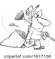Cartoon Outline Man Carrying A Rake And Pulling Al Leaf Bag