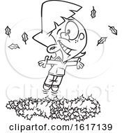 Poster, Art Print Of Cartoon Outline Girl Playing In A Pile Of Autumn Leaves
