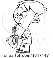 Clipart Of A Cartoon Black And White Boy Playing A Saxophone Royalty Free Vector Illustration