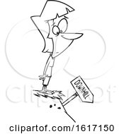 Clipart Of A Cartoon Black And White Woman Standing On A Cliff And Looking At A Downhill Sign Royalty Free Vector Illustration by toonaday