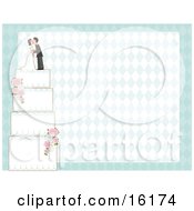 Poster, Art Print Of Bride And Groom Couple Kissing On Top Of A Four Teired White Wedding Cake Decorated With Roses Over A Diamond Background