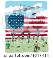 Poster, Art Print Of People At An American Flag Border Wall Being Built By A Crane