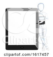 3d Humanoid Robot Leaning On A Giant Tablet Computer On A White Background