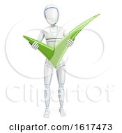 3d Humanoid Robot Holding A Check Mark On A White Background
