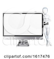 3d Humanoid Robot With A Desktop Computer Screen On A White Background