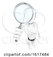 3d Humanoid Robot Using A Magnifying Glass On A White Background
