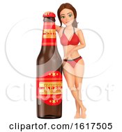 3d Caucasian Woman In A Bikini With A Giant Beer Bottle On A White Background