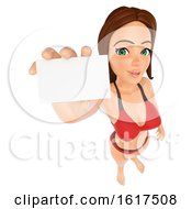 3d Caucasian Woman In A Bikini Holding Out A Business Card On A White Background