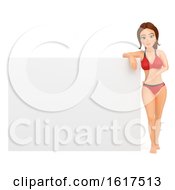 3d Caucasian Woman In A Bikini By A Blank Sign On A White Background