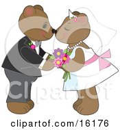 Cute Teddy Bear Bride And Groom Couple Kissing And Rubbing Noses At Their Wedding