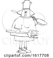 Cartoon Black And White Female Chef Carrying A Giant Spoon And Fork