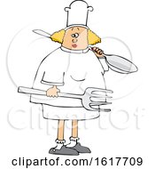 Cartoon Blond White Female Chef Carrying A Giant Spoon And Fork