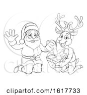 Poster, Art Print Of Santa And His Reindeer Opening Christmas Gift
