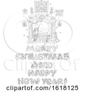 Black And White Merry Christmas And Happy New Year Greeting Under A Hearth