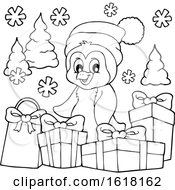 Poster, Art Print Of Black And White Christmas Penguin With Gifts