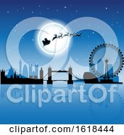 Poster, Art Print Of Santas Sleigh Flying Against A Full Moon Over London In Blue