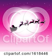 Poster, Art Print Of Santas Sleigh Flying Against A Full Moon On Magenta