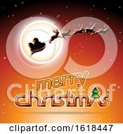 Poster, Art Print Of Santas Sleigh Flying Against A Full Moon Over A Merry Christmas Greeting On Orange