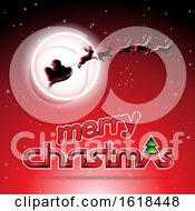 Santas Sleigh Flying Against A Full Moon Over A Merry Christmas Greeting On Red