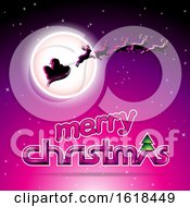 Poster, Art Print Of Santas Sleigh Flying Against A Full Moon Over A Merry Christmas Greeting On Magenta