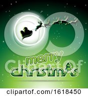 Poster, Art Print Of Santas Sleigh Flying Against A Full Moon Over A Merry Christmas Greeting On Green