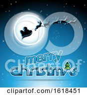 Poster, Art Print Of Santas Sleigh Flying Against A Full Moon Over A Merry Christmas Greeting On Blue