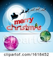 Poster, Art Print Of Merry Christmas Greeting With Santas Sleigh Flying Against A Full Moon