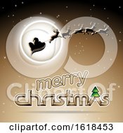 Santas Sleigh Flying Against A Full Moon Over A Merry Christmas Greeting On Beige