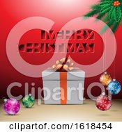 Merry Christmas Greeting With A Gift And Baubles Over Red