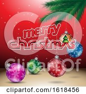Poster, Art Print Of Merry Christmas Greeting With A Branch And Baubles On Red