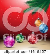 Tree Branch And Christmas Bauble Ornaments Over Red