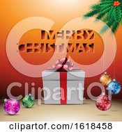 Merry Christmas Greeting With A Gift And Baubles Over Orange