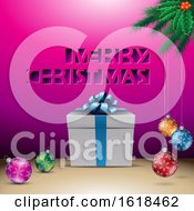 Merry Christmas Greeting With A Gift And Baubles Over Magenta