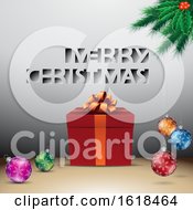 Merry Christmas Greeting With A Gift And Baubles Over Gray