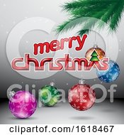 Merry Christmas Greeting With A Branch And Baubles On Gray