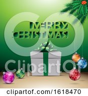 Poster, Art Print Of Merry Christmas Greeting With A Gift And Baubles Over Green