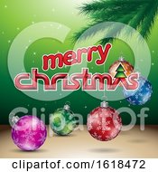 Poster, Art Print Of Merry Christmas Greeting With A Branch And Baubles On Green