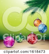 Tree Branch And Christmas Bauble Ornaments Over Green